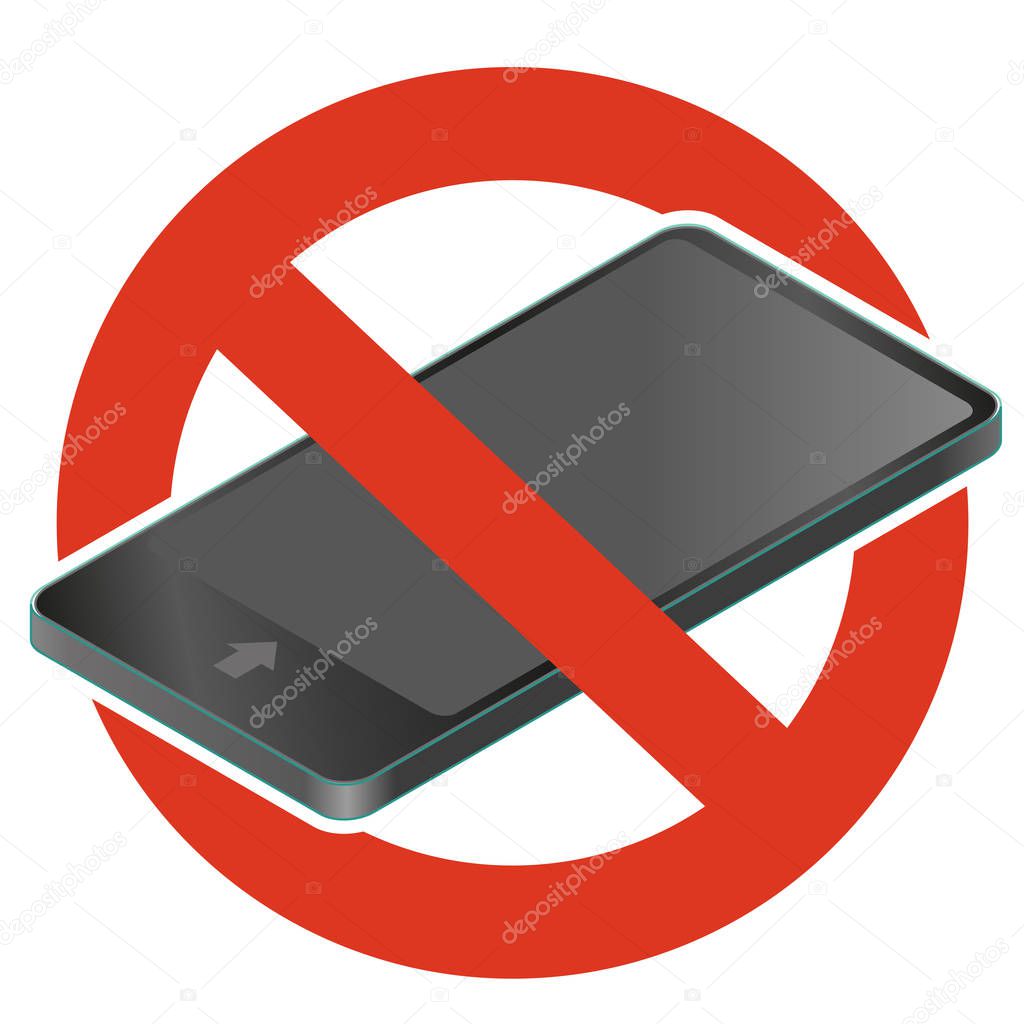 Call barring. Prohibition of mobile phone. Strict ban on using phone, digital tablet forbid. Stop communication. Master vector illustration in isometric perspective, isolated on white background.