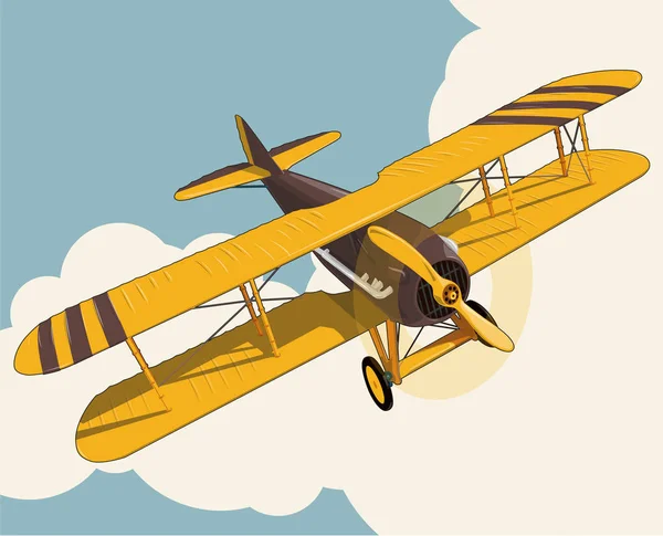 黄色の平面は 空はヴィンテージ色様式で雲の上を飛んでします 古いレトロな複葉機ポスター印刷用に設計されています ベクトルの低ポリの飛行機のイラスト バナー レイアウト つの翼を持つ航空機プロペラ — ストックベクタ