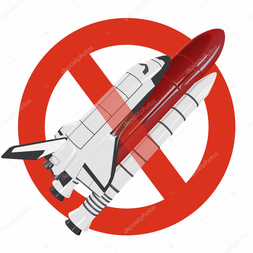 Prohibition of space shuttle. Strict ban on construction of spaceship, forbid. Stop universe discovering. Vector master illustration. Isolated flighting spaceshuttle, red fuel tank, white background.