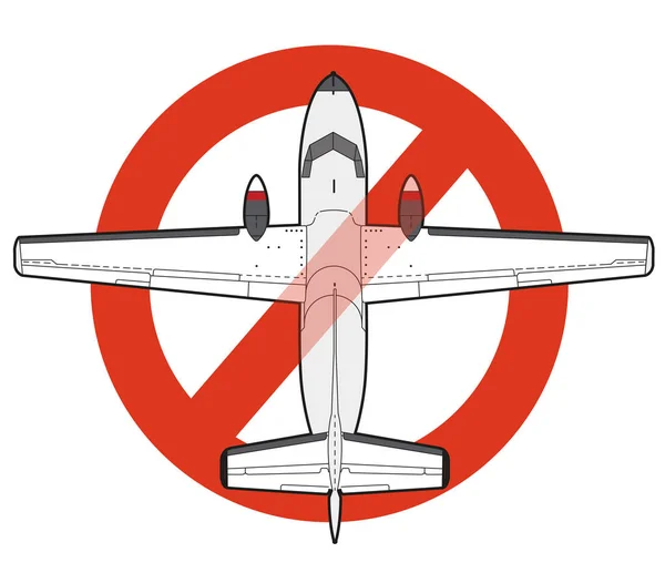 飛行機の禁止 厳格な禁止を禁止する航空機の建設 世界の戦争を停止します 飛んでいる飛行機の美しいベクター 古いレトロな航空機 白い背景で隔離 — ストックベクタ
