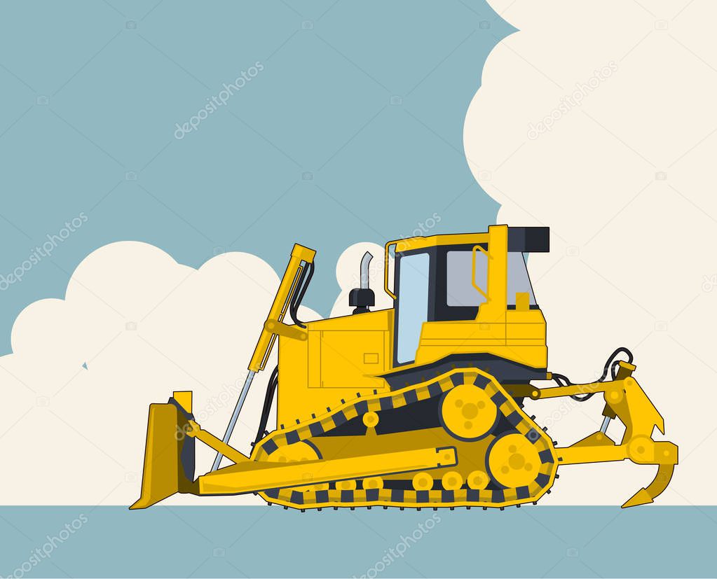 Big yellow excavator, sky with clouds in background. Banner layout with earth mover. Vintage color stylization. Construction machinery vehicle and ground works. Flatten illustration master vector.