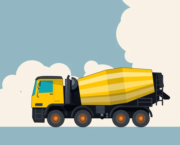 Big Caminhão Misturador Concreto Amarelo Céu Com Nuvens Fundo Layout — Vetor de Stock