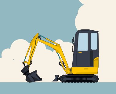 Büyük sarı Ekskavatör, gökyüzü bulutlu içinde geçmiş. Dünya mover ile afiş düzeni. Vintage renk filmde. İnşaat Makine araç ve toprak işleri. Ana illüstrasyon vektör Düzleştir.