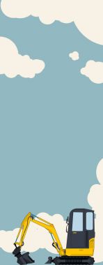 Büyük sarı Ekskavatör, gökyüzü bulutlu içinde geçmiş. Dünya mover ile dikey afiş düzeni. Vintage renk filmde. İnşaat Makine araç ve toprak işleri. İllüstrasyon vektör Düzleştir.