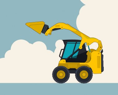 Büyük sarı Ekskavatör, gökyüzü bulutlu içinde geçmiş. Dünya mover ile afiş düzeni. Vintage renk filmde. İnşaat Makine araç ve toprak işleri. Ana illüstrasyon vektör Düzleştir.