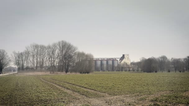 Getreidemetallsilo Gebäude Landschaft Großer Zinnsamen Aufzug Aufnahmen Von Landwirtschaftlicher Landschaft — Stockvideo