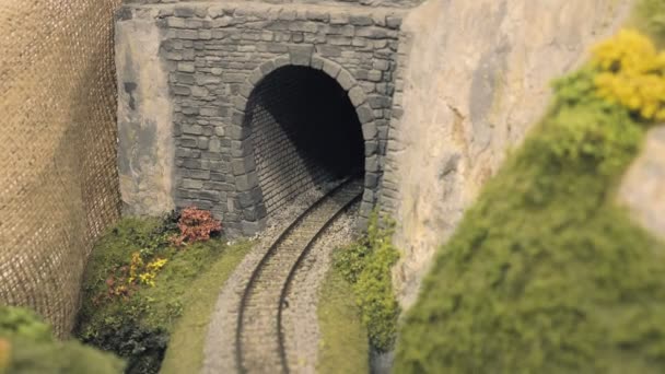 Freight Train Leaves Tunnel Model Railroad Track Miniature Train Runs — Stock Video