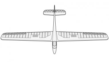 Model Planör, zemin planı. Güzel ince uçak. Balsa ahşap kanat, modeli hobi. Özetlenen ana vektör tel illüstrasyon