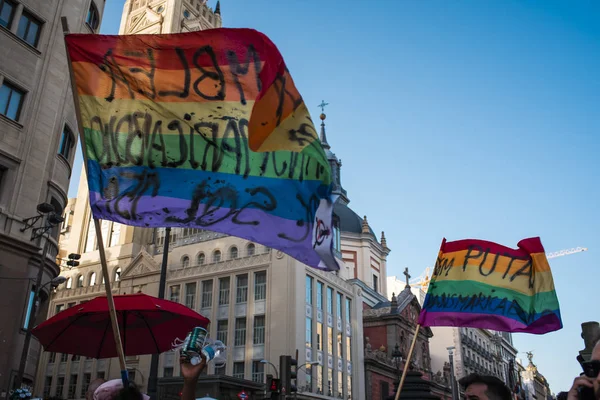 Mångfald Marsch Madrid Med Gay Stolthet Flaggor Och Trångt Folk — Stockfoto