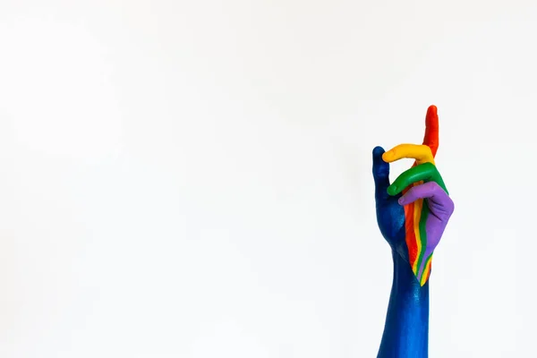 Барвиста Художня Пофарбована Рука Вказує Білий Фон Копіювати Простір — стокове фото