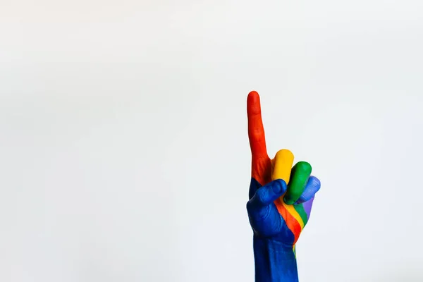 Kolorowa Ręka Wskazująca Białe Tło Przestrzeń Kopiowania — Zdjęcie stockowe
