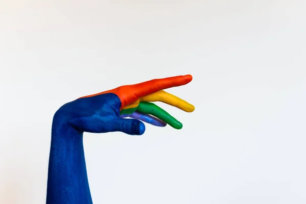 Рука Пофарбована Червоний Жовтий Зелений Фіолетовий Синій Кольори Білому Тлі — стокове фото