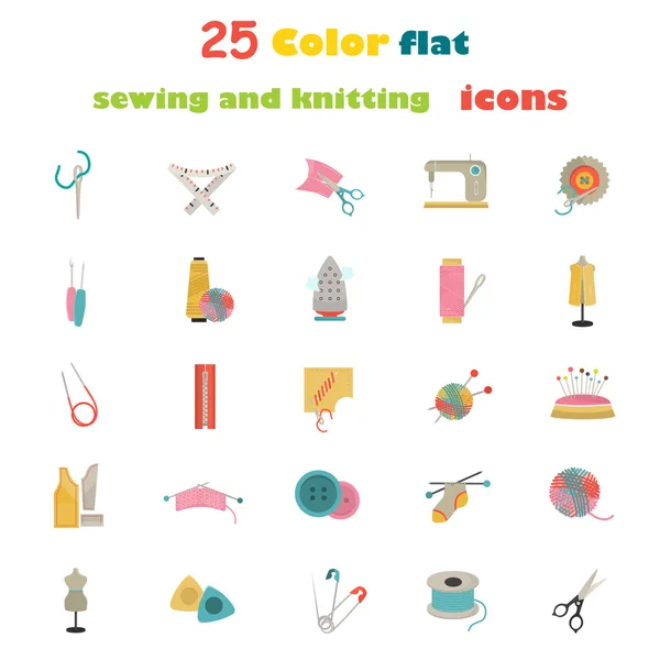 Conjunto de vinte e cinco ícones de tricô e costura de cor plana —  Vetores de Stock
