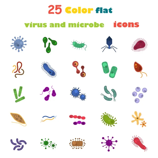 Σύνολο των είκοσι πέντε ιούς και τα μικρόβια χρώμα επίπεδες εικόνες — Διανυσματικό Αρχείο