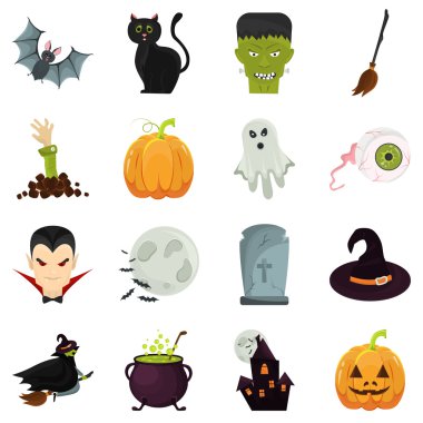 Karikatür tarzında ayarlanmış renk Halloween elemanları. Stok Vektör simgesi. Web ve mobil tasarım için illüstrasyon