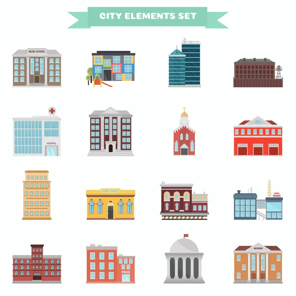 Цветные элементы города здания иконы плоский набор. Значок вектора запаса. Иллюстрация для веб и мобильного дизайна — стоковый вектор