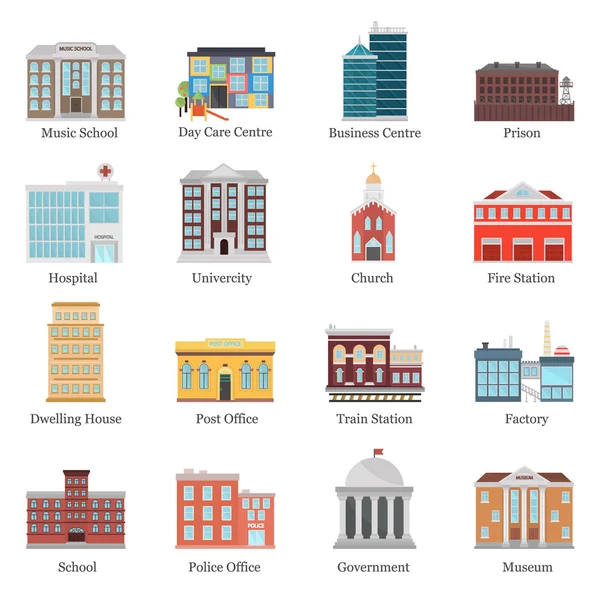 Kleur stad elementen gebouwen iconen platte set. Voorraad vector pictogram. Illustratie voor web-en mobiel ontwerp — Stockvector