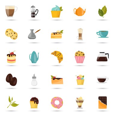 Farklı renk kahve, çay ve tatlılar simgeler kümesi. Düz tasarım. Web ve mobil için modern kavram