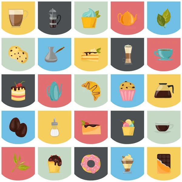 Sada různých barevných ikon, káva, čaj a sladkosti. Plochý design. Moderní koncepce pro web a mobilní zařízení — Stockový vektor
