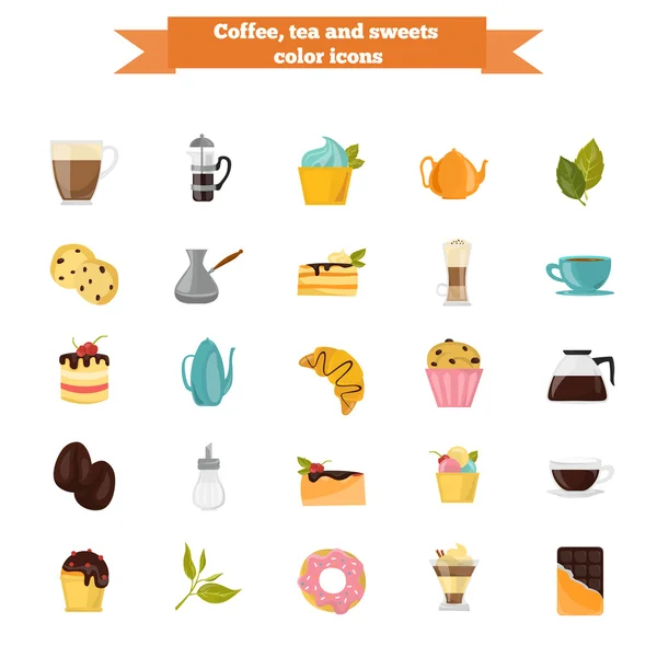 Set von verschiedenen Farben Kaffee, Tee und Süßigkeiten Symbole. flache Bauweise. modernes Konzept für Web und Mobile — Stockvektor