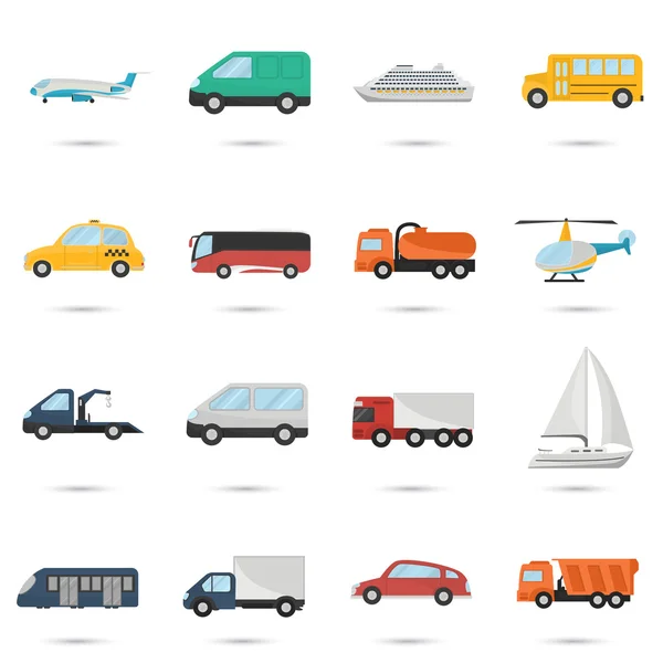 Set yang berbeda warna transportasi ikon kendaraan. Rancangan yang datar. Konsep modern untuk web dan mobile - Stok Vektor