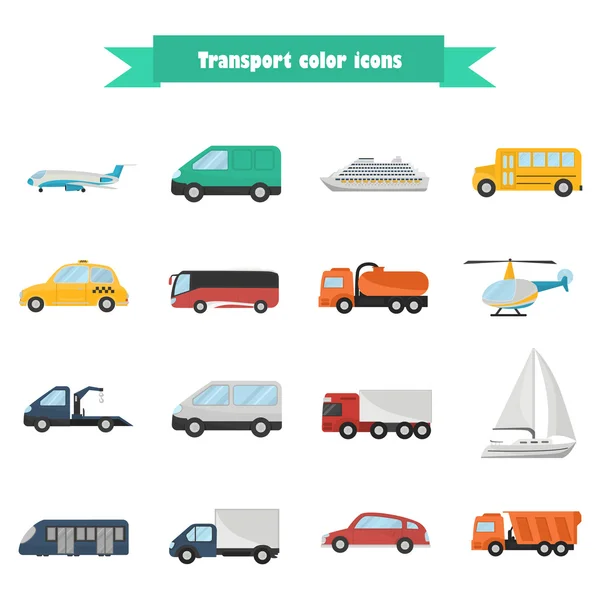 Conjunto de diferentes iconos de vehículos de transporte de color. Diseño plano. Concepto moderno para web y móvil — Archivo Imágenes Vectoriales