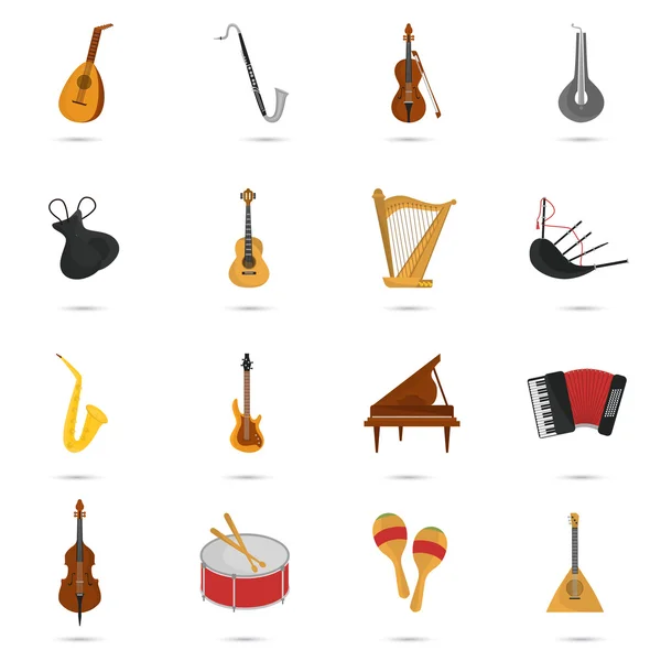 Instrumentos de música color conjunto plano — Archivo Imágenes Vectoriales