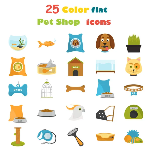 Pet loja de ícones de cor definido. Design plano. Pet shop tema —  Vetores de Stock