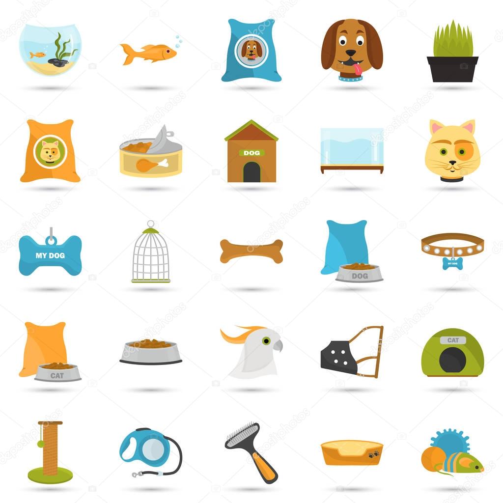 Pet store color icons set. Flat design. Pet shop theme