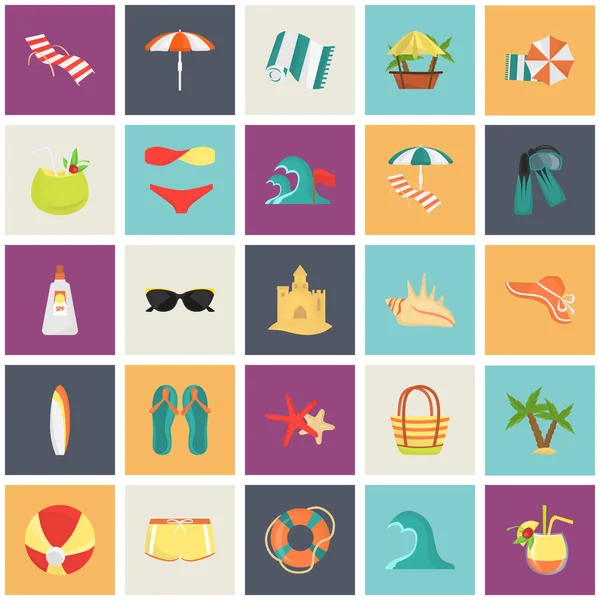 Set di colori spiaggia piatta riposo e icone di viaggio per web e mobile design — Vettoriale Stock