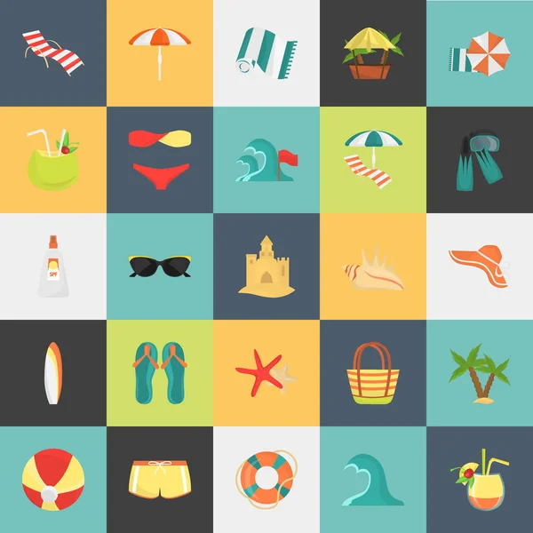 Set di colori spiaggia piatta riposo e icone di viaggio per web e mobile design — Vettoriale Stock