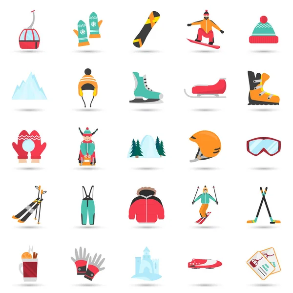 Deportes de invierno y diversión de color conjunto de iconos planos — Vector de stock