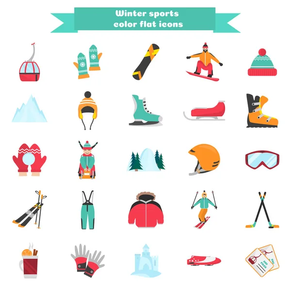 Sporty zimowe i zabawy kolor ikony płaski zestaw — Wektor stockowy