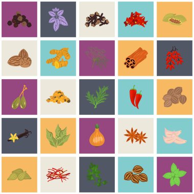 Adları ile düz baharat Icons set renk ayarla