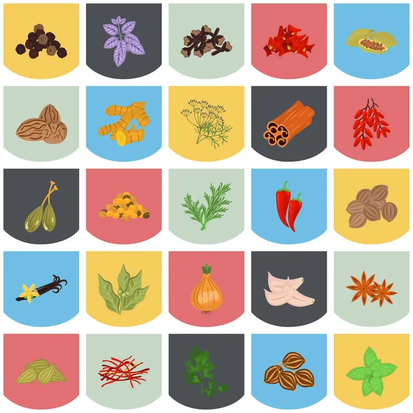 Conjunto de iconos de especias planas de color con nombres — Archivo Imágenes Vectoriales