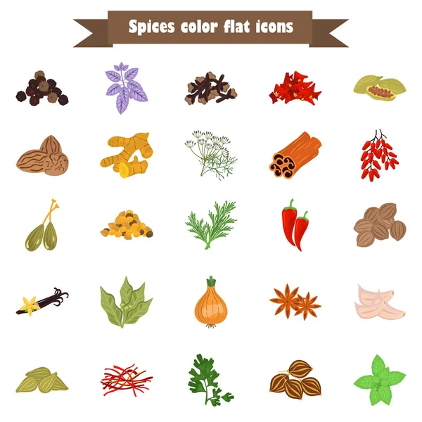 Conjunto de ícones de especiarias planas coloridas com nomes — Vetor de Stock