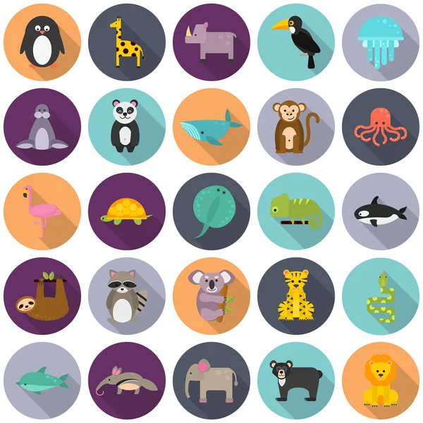 Conjunto de divertidos iconos de animales planos de color — Vector de stock