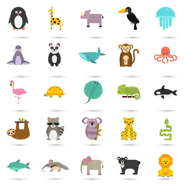 Conjunto de divertidos iconos de animales planos de color — Archivo Imágenes Vectoriales