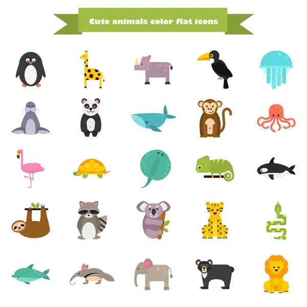 Uppsättning roliga färg platta djur ikoner — Stock vektor
