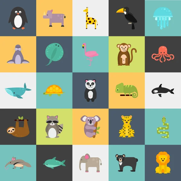Набір смішних кольорових піктограм плоских тварин — стоковий вектор