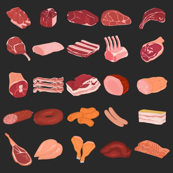 Realistiska kött skivor och köttprodukter färg platt ikoner set. För webb och mobil design — Stock vektor