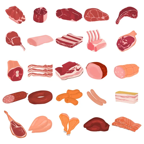 Realistas rebanadas de carne y productos cárnicos de color conjunto de iconos planos. Para diseño web y móvil — Vector de stock