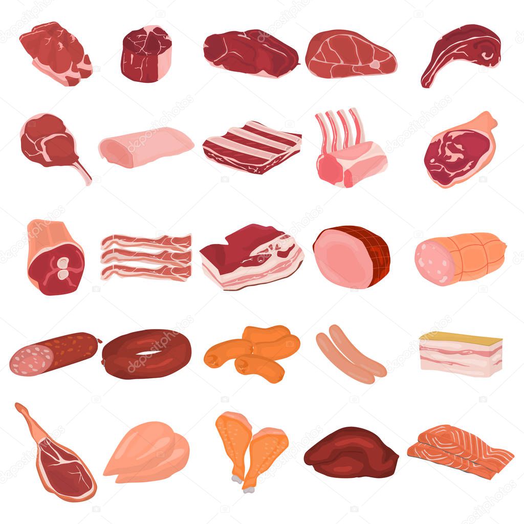 Realistic meat slices and meat products color flat icons set. For web and mobile design