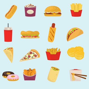 Web ve mobil tasarım için Fast food renk düz Icons set