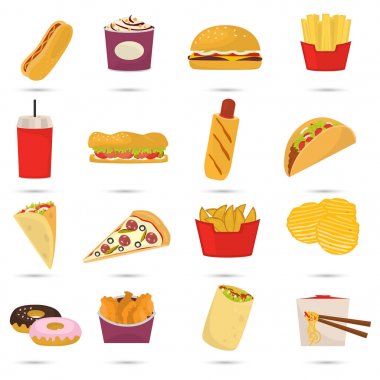 Web ve mobil tasarım için Fast food renk düz Icons set