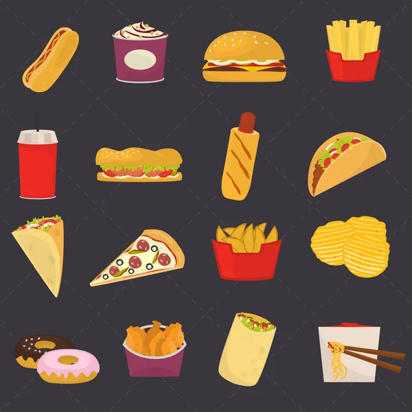 Conjunto de iconos planos de color comida rápida para diseño web y móvil — Vector de stock