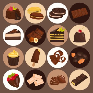 Web ve mobil tasarım için çikolatalı tatlılar renk düz simgeler kümesi