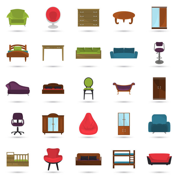 Набор цветных плоских иконок мебели для веб и мобильного дизайна
