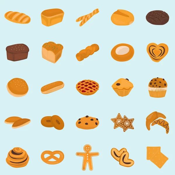 Uppsättning av bageri produkter färg flat ikonen för webb och mobil design — Stock vektor