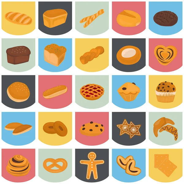 Ensemble de produits de boulangerie couleur icône plate pour le web et le design mobile — Image vectorielle